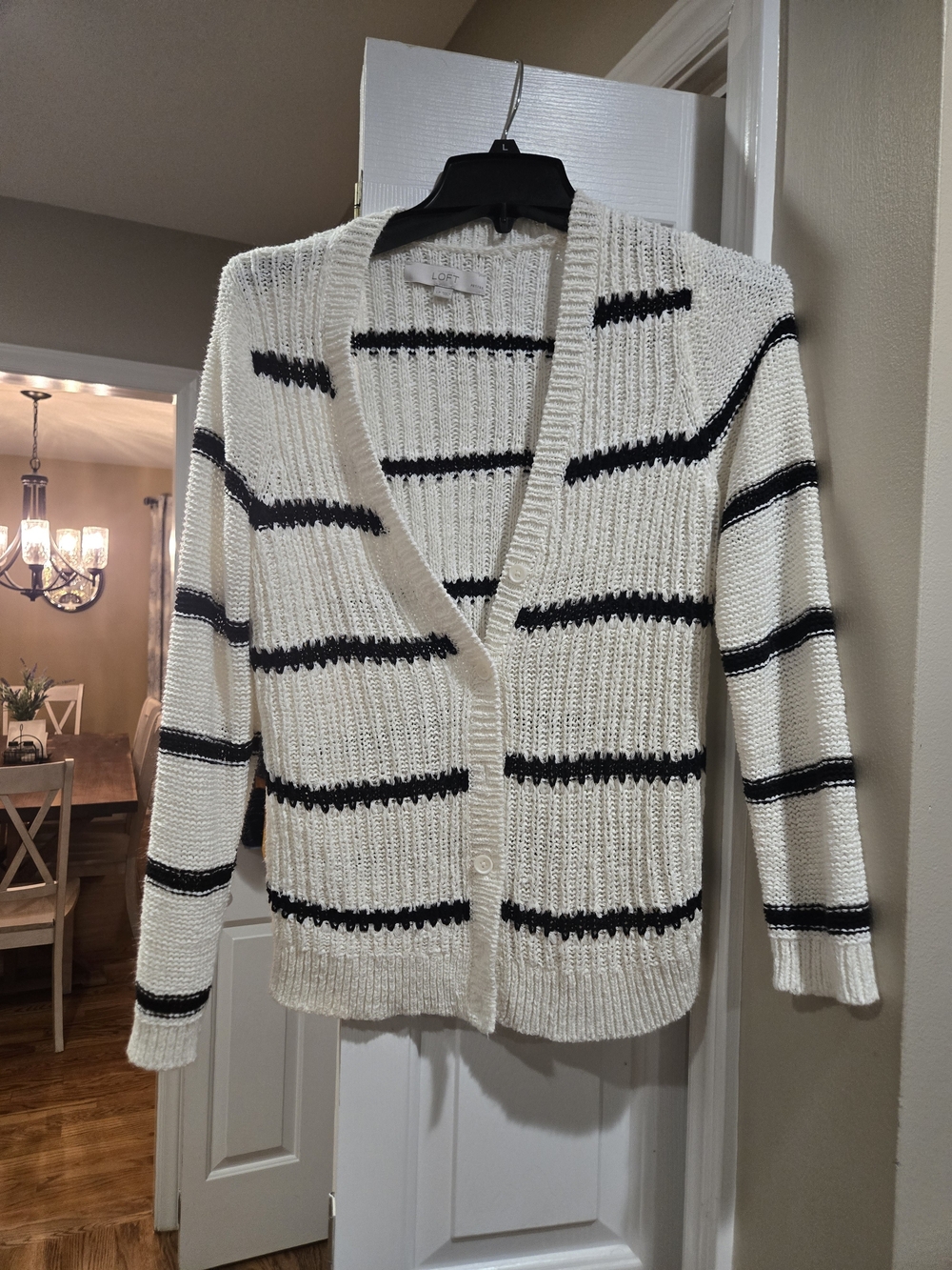 LOFT Petite Large Cream and Black Striped V-Neck Cardigan
